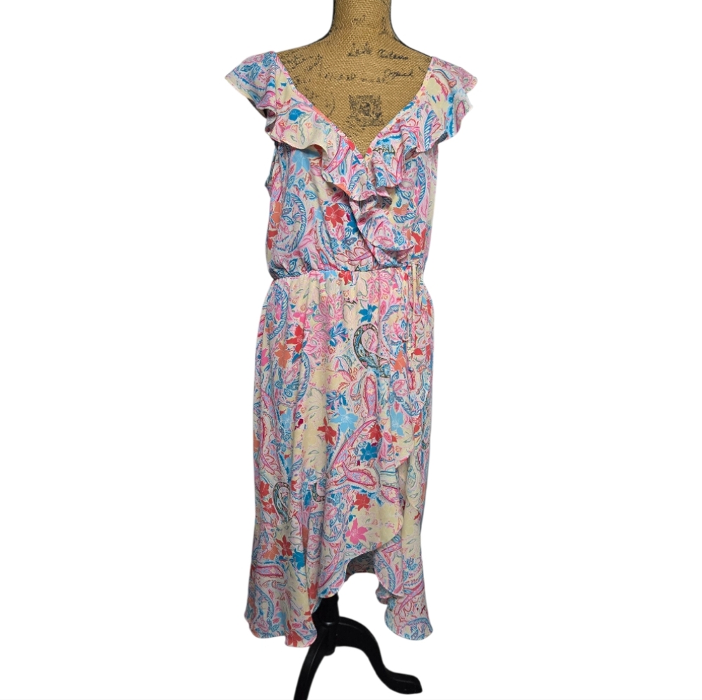 Socialite Floral Print Sleeveless Ruffle V-Neck Faux Wrap Midi Dress Sz X-Large